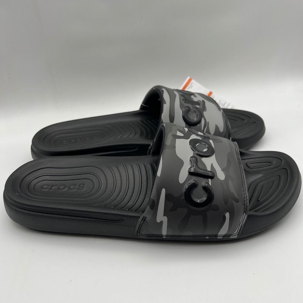 Crocs All Day Camo Slides Mens 12 Black Gray Camouflage Lightweight Sandals